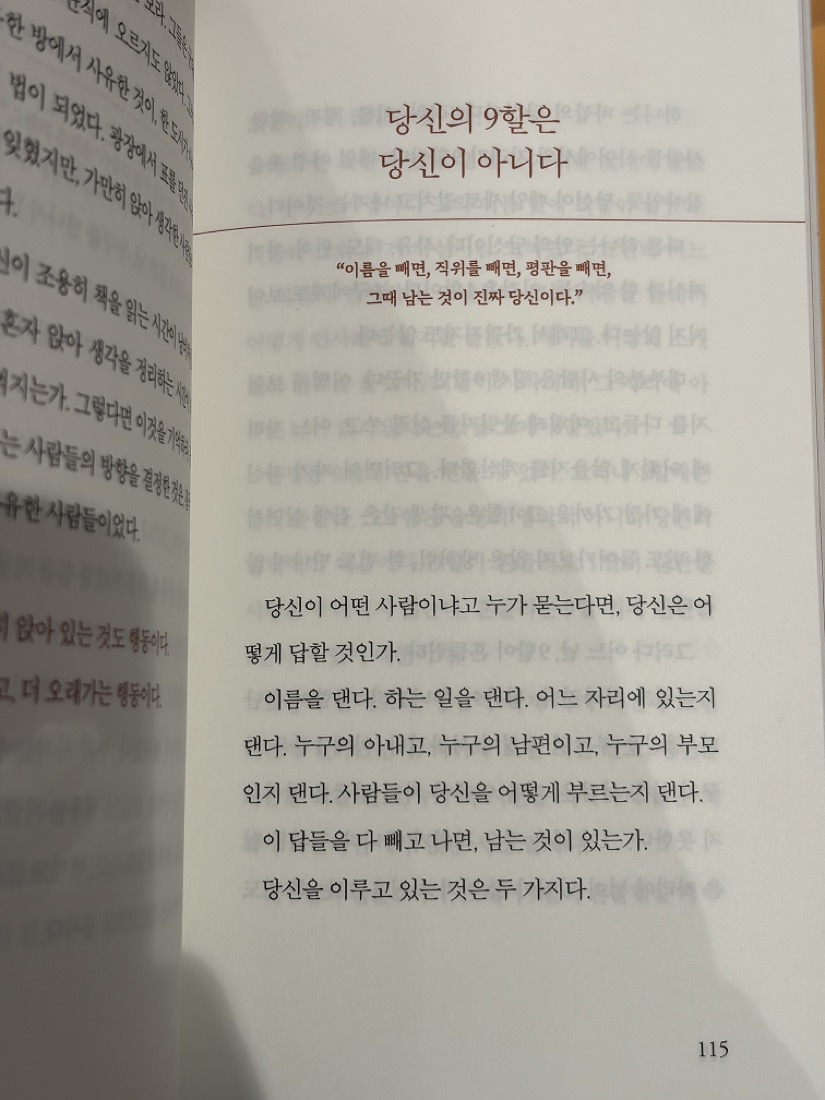 책 본문 115쪽: 당신의 9할은 당신이 아니다 꼭지와, 이름을 빼면 직위를 빼면 평판을 빼면 그때 남는 것이 진짜 당신이다라는 제사